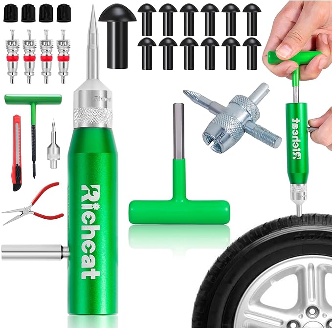 Richcat Tubeless Tire Puncture Repair Kit with Mushroom Plug, Repairs punctures and Flat Tires for Motorcycles, Cars, Trucks, ATVs and Tractors