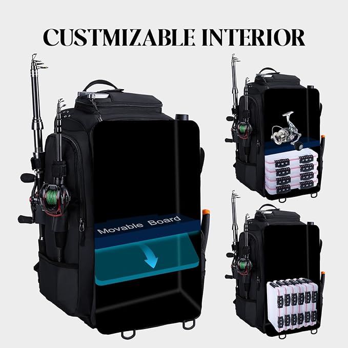 Goture 40L Fishing Tackle Backpack with Cooler and 2 3600 fishing tackle trays, 900D Water-Resistant Tackle Backpack with Removable Bait Binder, 2 Rod Holders and Rain Cover, Black fishing bag