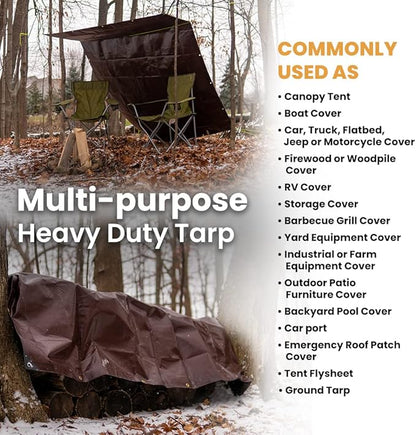WHITEDUCK Super Heavy Duty Poly Tarp Cover 16 Mil & 10 Mil with Grommets and Reinforced Edges (Brown, White & Silver Black) (Brown- 16 Mil, 12' x 12')