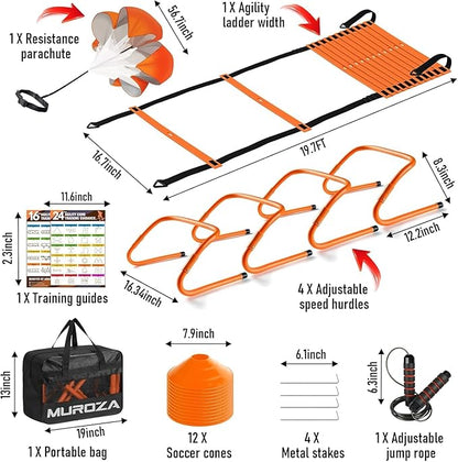 Agility Ladder & Soccer Goal Training Set, 20ft Speed Ladder with Cones, Hurdles, Jump Rope & Parachute, Plus 2 Pack Pop Up Kids Soccer Goals with Ball & Cones for Backyard Sports Practice