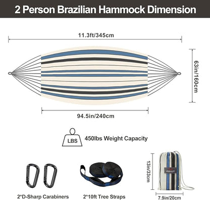 Brazilian Double Hammock with Tree Straps,Extra Large 94x63IN,2 Persons Hammock for Backyard Patio Outdoor and Indoor,450lbs Weight Capacity,Soft Woven Cotton Fabric - Blue Stripe