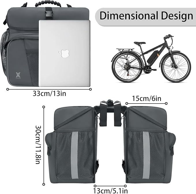 Waterproof Double Panniers Bag - 36L Saddle Bags for Rear Rack Bicycles with Safety Reflective Strips, Bicycle Commuting Pannier Fit Most Bicycle Rack with Rain Cover (With Rain Cover, Grey, 36L)