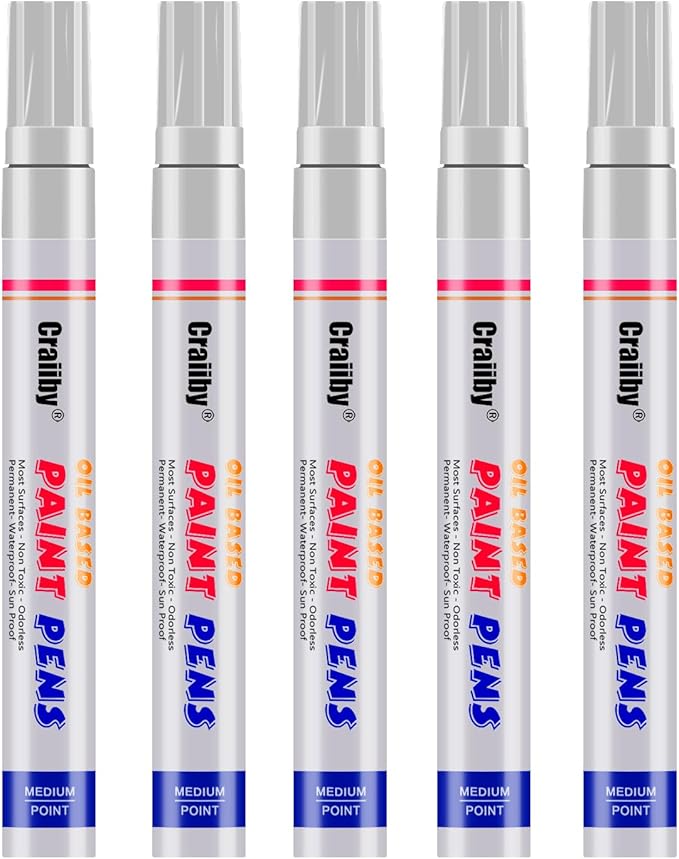 White Paint Markers, 5 Pack Oil-Based Waterproof Quick Dry and Permanent Paint Pen Set for Rocks Painting, Wood, Plastic, Canvas, Glass, Mugs, Metal, Tire, Stone, DIY Craft