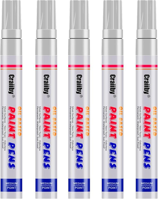 White Paint Markers, 5 Pack Oil-Based Waterproof Quick Dry and Permanent Paint Pen Set for Rocks Painting, Wood, Plastic, Canvas, Glass, Mugs, Metal, Tire, Stone, DIY Craft
