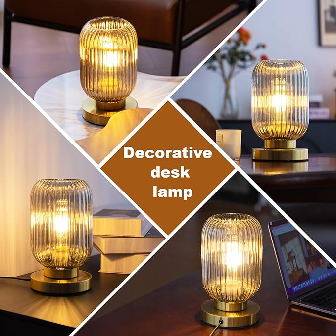 Modern Ribbed Glass Table Lamps Mid Century Bedside Light Small Nightstand Lamp with Plug-in Style, E26 Ambient Lighting for Bedroom Living Room Tabletop, Smoke Gray
