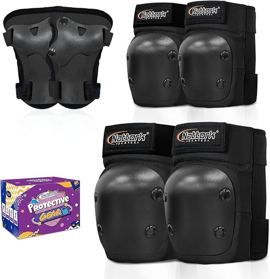 Nattork Knee Pads for Kids Youth Audlt，Knee and Elbow Pads with Wrist Guards 6 in 1 Protective Gear Set for Skateboard, Roller Skate, Inline Skates, Cycling and Scooter Boys Girls