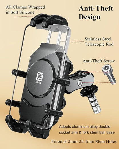 BRCOVAN Anti-Theft Motorcycle Fork Stem Phone Mount Holder with Vibration Dampener & High-Speed Secure Lock, Heavy Duty, Adjustable Size, Big Phone Friendly, Fit for 5.4-7.2'' Cellphone