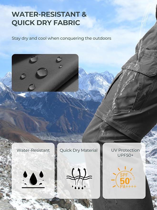 Men's Convertible Hiking Pants Waterproof Quick Dry Zip-Off Lightweight Tactical Multi-Pocket Outdoor Fishing Safari Trousers