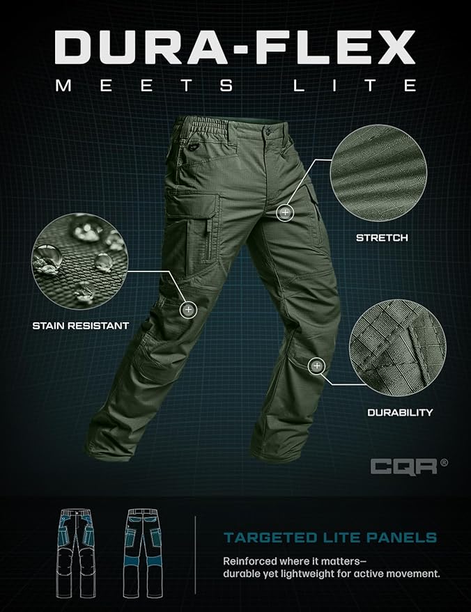 CQR Men's Flex Stretch Tactical Pants, Water Resistant Ripstop Cargo Pants, Lightweight EDC Outdoor Work Hiking Pants