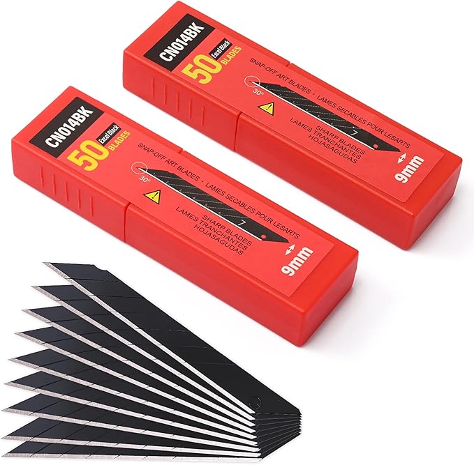 FOSHIO 100PCS 30 Degree Carbon Steel Snap Off Blades 9mm for Box Cutters Utility Knife Universal Art Knife Replacement Black Blades