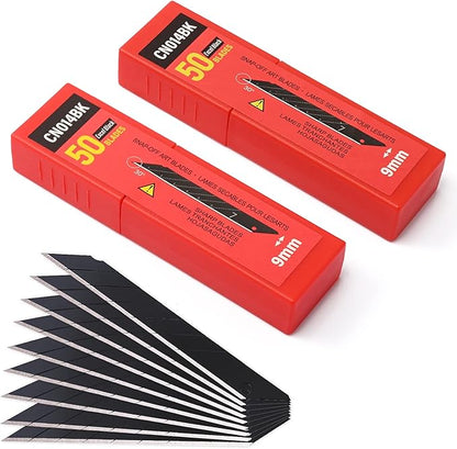 FOSHIO 100PCS 30 Degree Carbon Steel Snap Off Blades 9mm for Box Cutters Utility Knife Universal Art Knife Replacement Black Blades