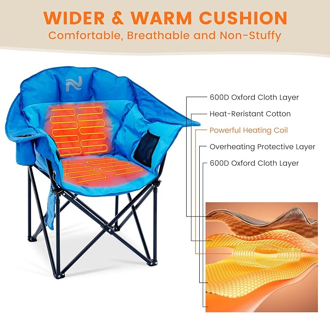 NAIZEA Heated Camping Chairs, Outdoor Heated Camp Chair w/3 Heating Mode, Oversized Heated Chair for Adults, Heavy Duty Folding Camping Chairs for Camping,Fishing,Sports Events,NOT Included Battery