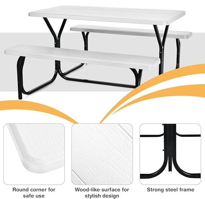 Tangkula Picnic Table Bench Set, Outdoor Picnic Table with 2 Benches, Metal Camping Table with Plastic Wood-Like Texture Tabletop & Steel Frame, Ideal for Picnic, Party, Garden, Lawn (White)