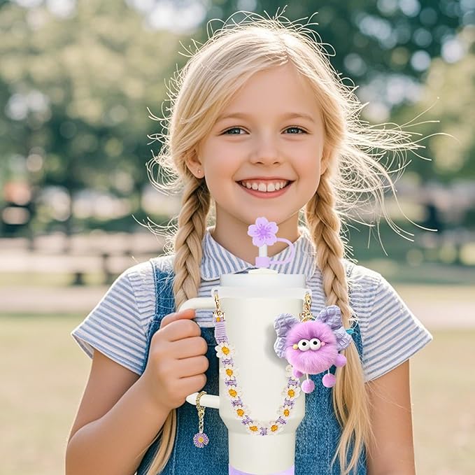Stanley Cup Accessories Set for 40oz & 30oz Tumblers - Handle Strap, Spill-Proof Stopper, Silicone Straw Cover, Boot Base Protector, Keychain & Handle Charms(Purple)