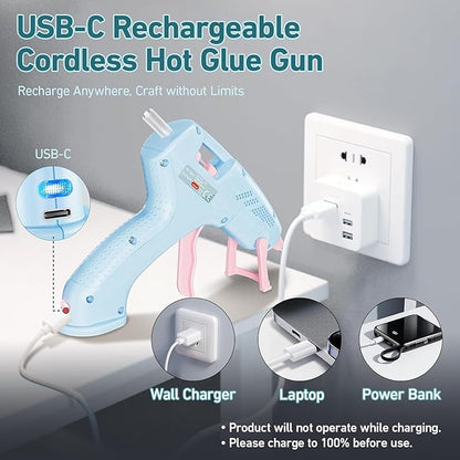 Cordless Hot Glue Gun, 20W Hot Glue Gun with 30PCS Premium Glue Sticks & 1m USB-C Cable, 2000mAh Built-in Battery Suitable for School Craft, Home Repair, DIY