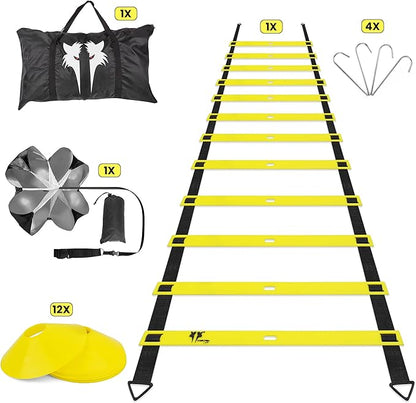 20ft Sports Agility Ladder for Men Women and Kids, Speed Youth Soccer Agility Training Equipment for Football, Exercise, Tennis, Legs Workout with Speed Parachute and Carry Bag