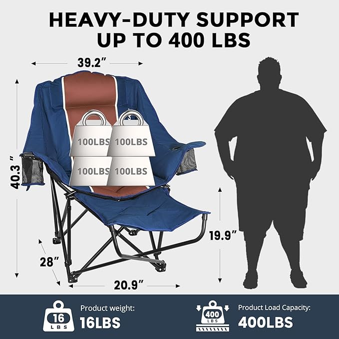 Camping Chair with Removable Footrest, Oversized Outdoor Chair with Headrest & Cup Holders, 400lb Capacity Lawn Chair for Sports Backyard Fishing