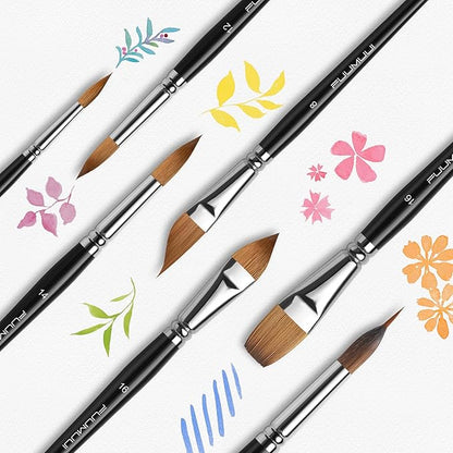 Watercolour Brushes Set, Fuumuui 7PCS Professional Kolinsky Sable Paint Brush with Patented Extended Points Design, Round, Flat, Oval, Mop for Fine Detail, Gouache, Ink, Watercolour Painting