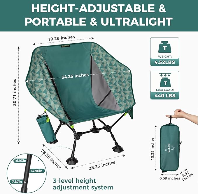 ATEPA UFO3.0 Backpacking Camping Chair, Ultralight Extra Wide Comfortable Folding Chairs 330lbs Heavy Duty Portable Hexagon Ergonomic Height Adjustable Seat with Anti-Sinking Feet for Hiking Outdoor