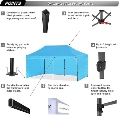 ABCCANOPY Heavy Duty Easy Pop up Canopy Tent with Sidewalls 10x20, Sky Blue