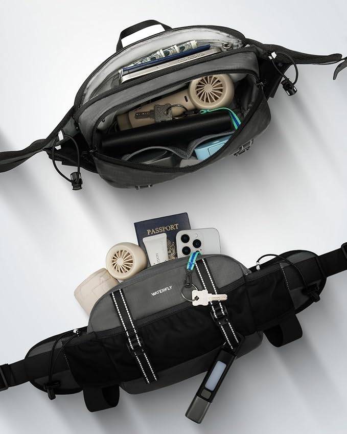 WATERFLY Large Hiking Fanny Pack: 3L Waist Bag with 2 Bottle Holders for Women Men - 9 Pockets & Adjustable Belt Lumbar Hip Packs for Travel Running Cycling Camping Workout (Bottles Not Included)