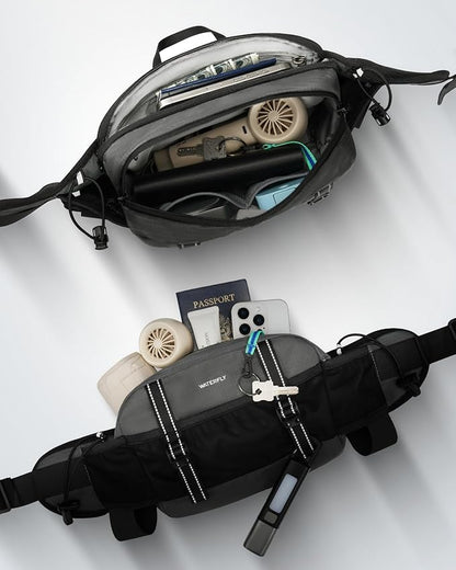 WATERFLY Large Hiking Fanny Pack: 3L Waist Bag with 2 Bottle Holders for Women Men - 9 Pockets & Adjustable Belt Lumbar Hip Packs for Travel Running Cycling Camping Workout (Bottles Not Included)