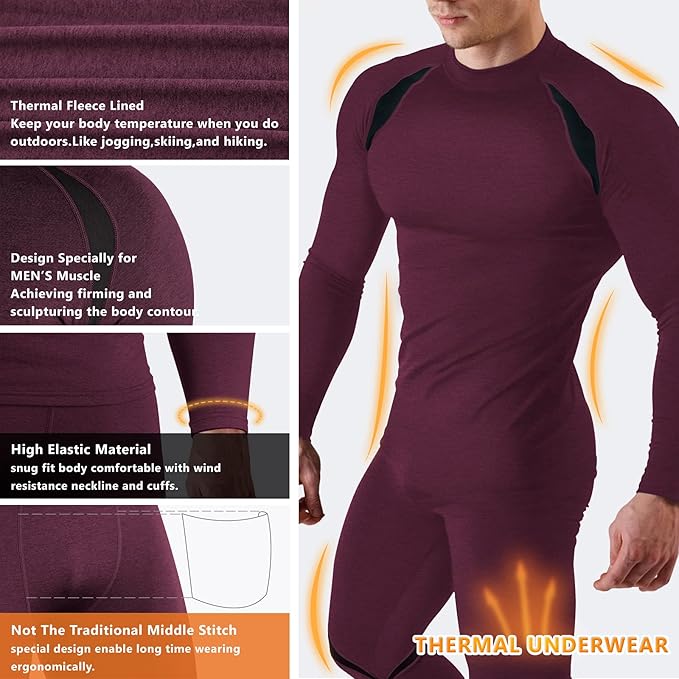 Muezna Men's Thermal Top and Bottom Set Underwear Long Johns Base Layer with Soft Fleece Lined