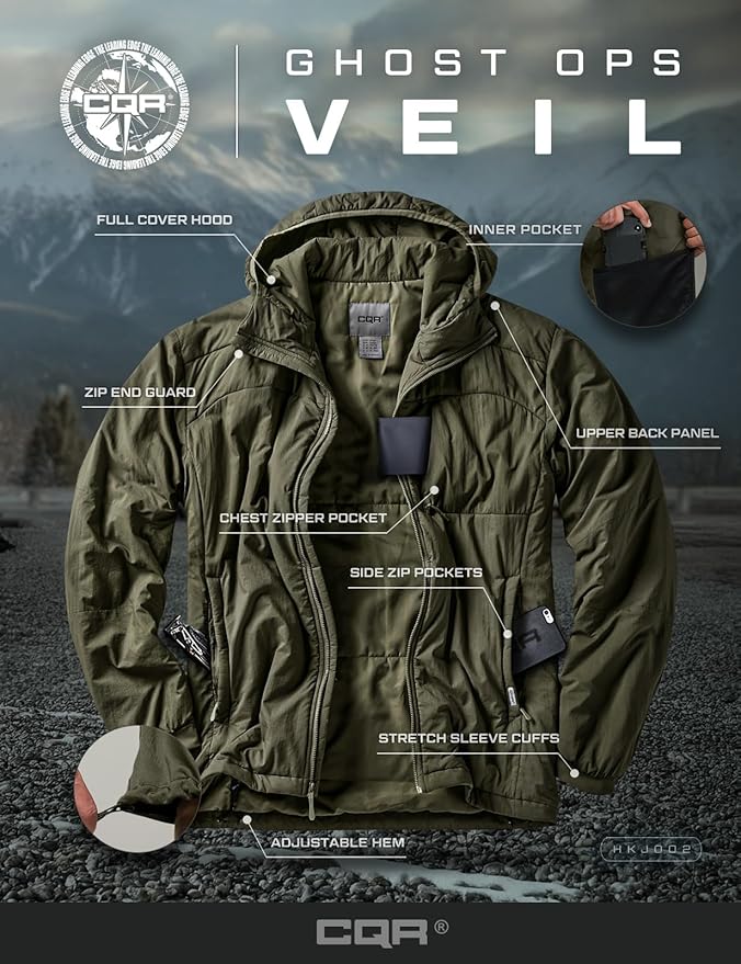 CQR Men's Lightweight Insulated Jacket, Windproof Packable Water Resistant Warm Active Coat for Hiking Work Outdoor Tactical