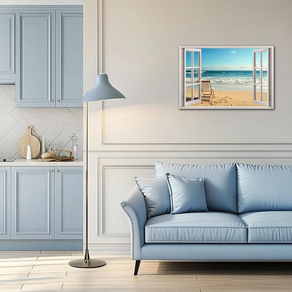 ANRUOXI Beach Wall Art, Blue Ocean Canvas Wall Decor, Beach Theme Window Frame Style Prints Blue Sea Painting, White Window Frame Style Seaside Nature Coastal Framed Artwork for Bathroom 24x36 Inch