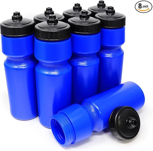 Rolling Sands USA Made 24 oz Sports Squeeze Water Bottles, 8 Pack, BPA-Free, Easy Drink One Way Flow Valve, Fits Most Bike Cages, Dishwasher Safe, Durable, Reusable and Lightweight, Blue