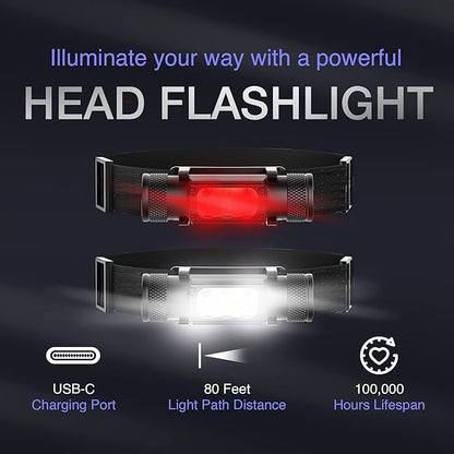 K-Bern Red & White Rechargeable Headlamp, 1500 Lumens, UL Approved 3500 mAh Battery, Ultra Bright Head Lights Waterproof, Lightweight, Aluminum, Perfect for Work, Dog Walking & Camping