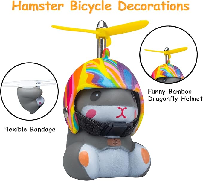 wonuu Duck Bike Bell with Light and Helmet Cute Hamster Bicycle Horn, Dashboard Decoration Hamster Toy Motorcycle Bike Bells Rubber Duck Car Dashboard Decorations (Rainbow-Hamster)