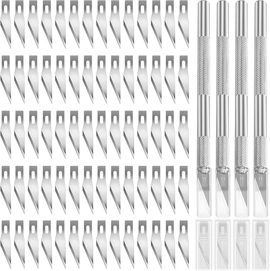 74Pcs Precision Hobby Knife Set Contains 4 Metal Pens Handles and 70Pcs #11 Exacto Knife Refill Blades for Art Cutting Carving, Phone Repair Stencil, Pumpkin Carving, DIY Scrapbooking