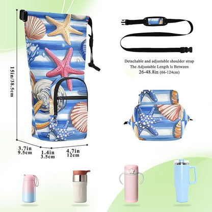 Blue Striped Starfishes Seashells Corals Water Bottle Holder with Strap Insulated Water Bottle Carrier Crossbody Bags Pouch with Phone Pocket for Travel Gym Hiking Walking Running