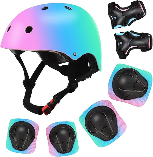 Color Gradient Adjustable Kids Bike Helmet with Knee & Elbow Pads Set | Multi-Sport Safety Gear for Boys & Girls Ages 5-14 | Skateboarding, Scooters, Roller & Inline Skating, Longboarding
