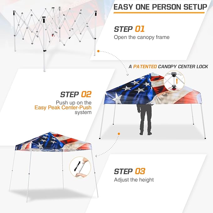 EAGLE PEAK 10x10 Slant Leg Pop-up Canopy Tent Easy One Person Setup Instant Outdoor Beach Canopy Folding Portable Sports Shelter 10x10 Base 8x8 Top (Stars and Stripes)