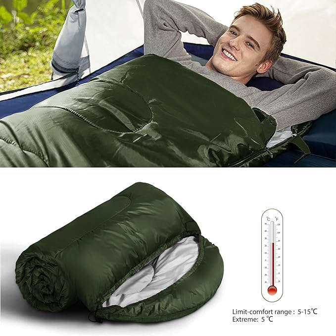Camping Sleeping Bag 3 Seasons Warm & Cool Weather, Lightweight, Waterproof, Portable Backpacking for Adults & Kids - Camping Essentials Gear Accessories Hiking Travel