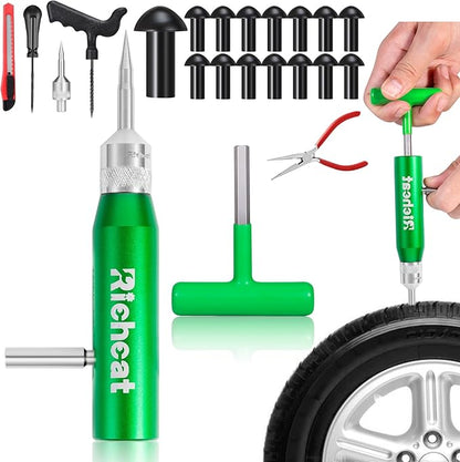 Richcat Tubeless Tire Puncture Repair Kit with Mushroom Plug, Repairs punctures and Flat Tires for Motorcycles, Cars, Trucks, ATVs and Tractors