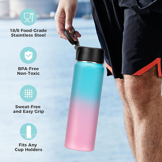 Neihepal 22 oz Insulated Water Bottle with Straw Lid, Double Walled Vacuum Stainless Steel Water Bottles Leak Proof, Wide Mouth (Green Pink,1 Pack)