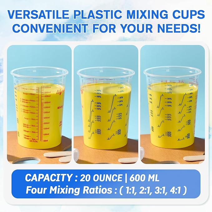 50 Pack Plastic Mixing Cups, 20 oz (600ml), Disposable Measuring Cups with 50 Wooden Mixing Sticks, Measurement ratios: 2:1, 3:1, 4:1, Suitable for Epoxy Resin, Liquid Measuring, and Paint