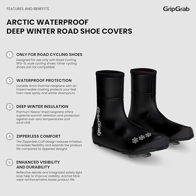 GripGrab Arctic Waterproof Deep Winter Road Cycling Shoe Covers Fleece Lined Thermal Cycling Road Bike Shoe Covers Waterproof Overshoes