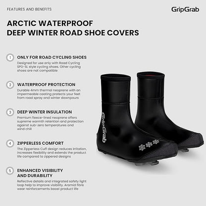 GripGrab Arctic Waterproof Deep Winter Road Cycling Shoe Covers Fleece Lined Thermal Cycling Road Bike Shoe Covers Waterproof Overshoes
