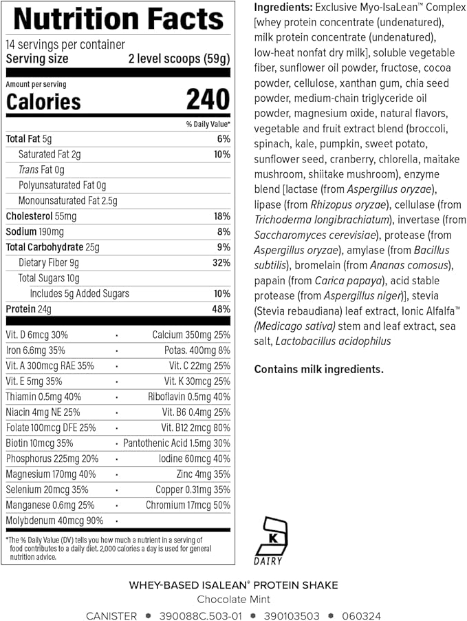 IsaLean Protein Shake - Complete Superfood Meal Replacement for Maintaining Healthy Weight and Lean Muscle Growth with 24 Vitamins and Minerals - 29.1 oz - 14 Meal Canister (Chocolate Mint) - Canister