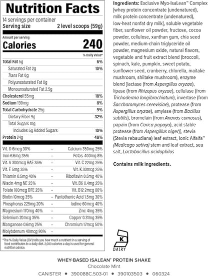 IsaLean Protein Shake - Complete Superfood Meal Replacement for Maintaining Healthy Weight and Lean Muscle Growth with 24 Vitamins and Minerals - 29.1 oz - 14 Meal Canister (Chocolate Mint) - Canister