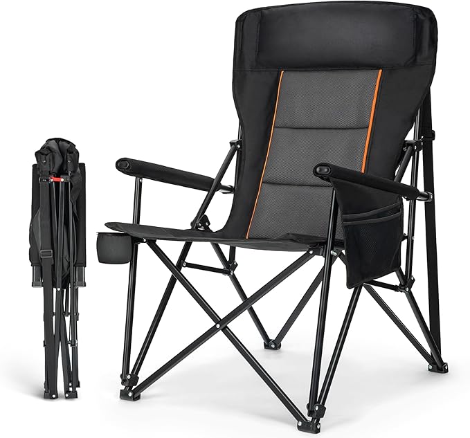 HIGH POINT SPORTS Oversized Folding Camping Chairs for Adults, High Backrest Heavy Duty Lawn Chairs Support 500 LBS Portable Collapsible Camp Chairs with Cup Holders,Side Pocket, Black