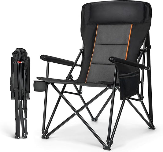 HIGH POINT SPORTS Oversized Folding Camping Chairs for Adults, High Backrest Heavy Duty Lawn Chairs Support 500 LBS Portable Collapsible Camp Chairs with Cup Holders,Side Pocket, Black