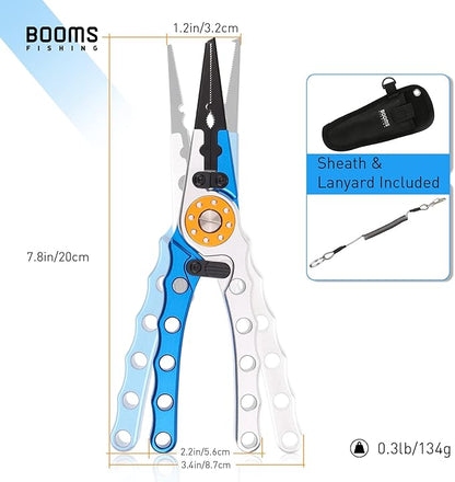 Booms Fishing X1 Aluminum Fishing Pliers Saltwater, Surf Fishing Tackle Kit, Fishing Multitool Hook Remover Braided Fishing Line Cutting and Split Ring with Coiled Lanyard and Sheath