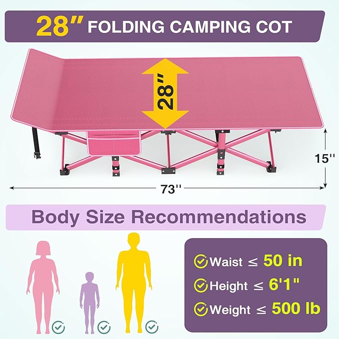 ZENPETIO Camping Cot for Adults - Heavy-Duty Cot Bed with Mattress, Portable Sleeping Cots for Outdoor Indoor, 1200D Oxford Folding Cots for Home Travel, Max Load 500LBS, Fits People up to 6'3", Pink