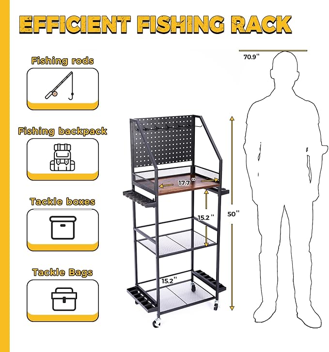 SOYEEZE Fishing Rod Holders for Garage, Fishing Pole Holders Up to 12 Rods with Pegboard and Hooks,Rolling Fishing Cart with Wheels, Fishing Gear Storage For Tackle Box & Reel Organization