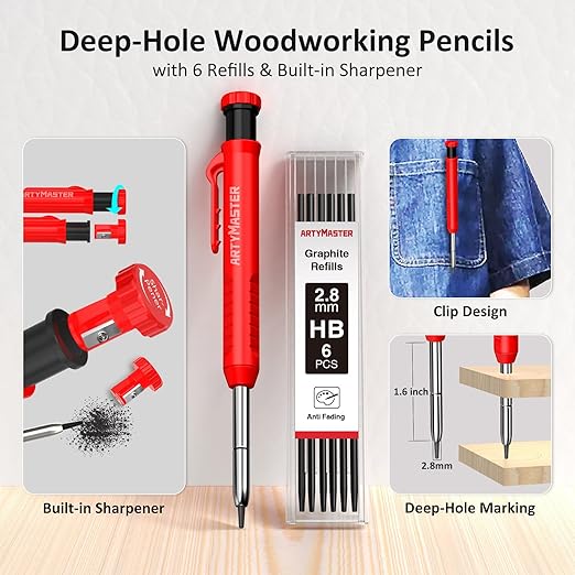 200mm 3D Multi-Angle Measuring Square Ruler, WT103D High Precision Hole Scribing Woodworking Tools, 0-90° Aluminum Alloy Carpenter Square Wood Working Tools, Carpenter Pencils 6 Refills.